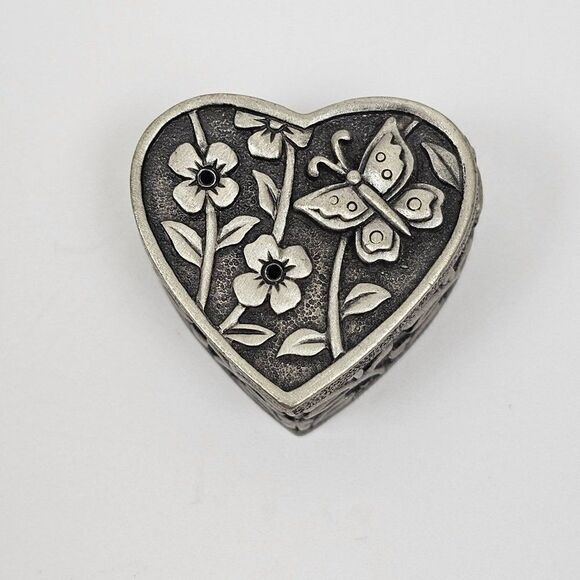Vintage JJ Jonette Floral Heart Butterfly Brooch Pin Trinket Jewelry Box Pewter - Picture 12 of 13